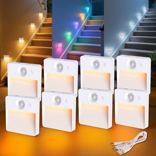 Guankai 8 Pack Rechargeable Motion Sensor Stair Lights RGBW