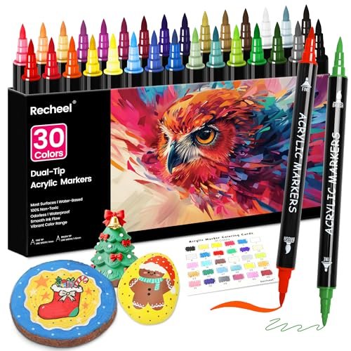 Recheel 30 Colors Acrylic Paint Markers, Dual Tip Fine Brush