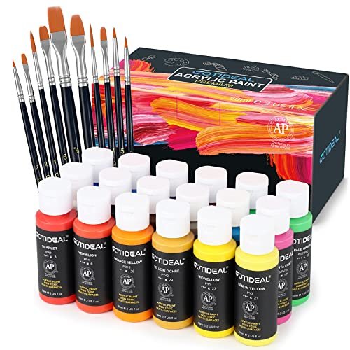 GOTIDEAL Acrylic Paint Set with 10 Brushes, 18 Colors.