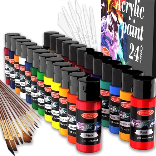 HissiCo 42PCS Acrylic Paint Set of 24 Colors, Brushes, and
