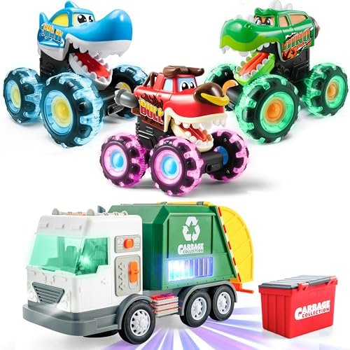 JOYIN 3 Pack Monster Truck Toy - Light-Up LED Garbage