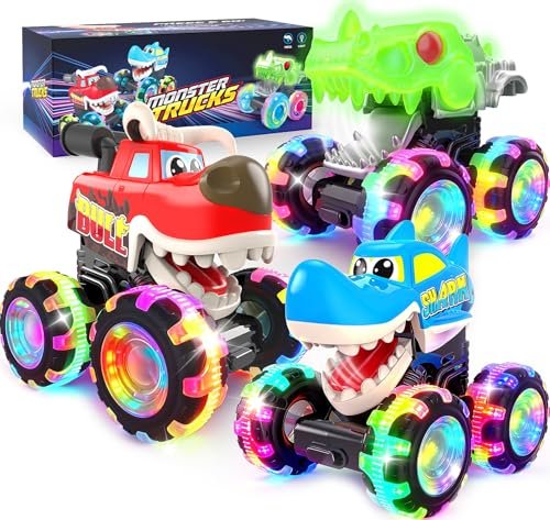 Pnooe Monster Truck Toys, 3 Pack Light Up Dino.